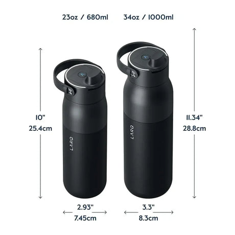 LARQ PureVis in Obsidian Black, two bottle sizes side by side with measurements