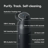 LARQ PureVis in Obsidian Black, bottle with labelled feature callouts on dark background