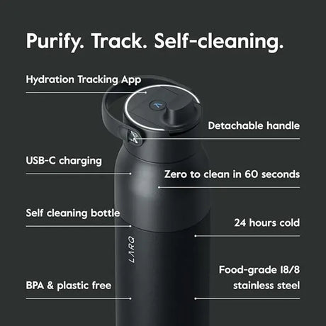 LARQ PureVis in Obsidian Black, bottle with labelled feature callouts on dark background