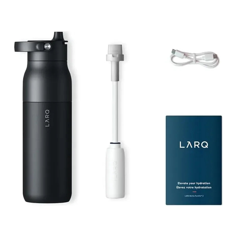 LARQ PureVis in Obsidian Black, bottle with cap insert, charging cable and booklet