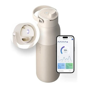 LARQ PureVis in Mojave Dune, bottle with lid close-up and phone app screen