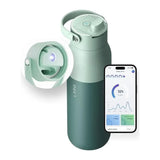 LARQ PureVis in Eucalyptus Green, bottle with lid close-up and phone app screen