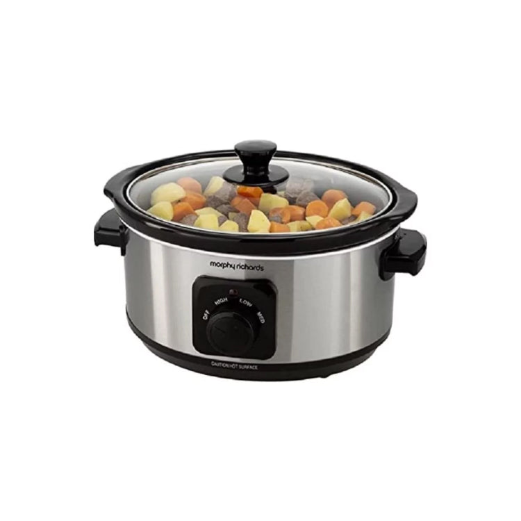 Morphy Richards 460017 3.5 L stainless steel slow cooker with removable ceramic pot, glass lid, and three heat settings, ideal for family meals, available in Cyprus.