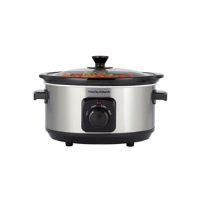 Morphy Richards 460017 3.5 L stainless steel slow cooker with removable ceramic pot, glass lid, and three heat settings, ideal for family meals, available in Cyprus.