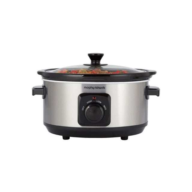 Morphy Richards 460017 3.5 L stainless steel slow cooker with removable ceramic pot, glass lid, and three heat settings, ideal for family meals, available in Cyprus.