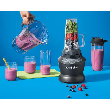 Nutribullet Combo NBF500DG Blender in Dark Grey, smoothie poured from the jug into glasses