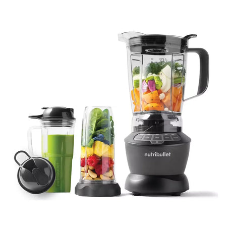 Nutribullet Combo NBF500DG Blender in Dark Grey, with 1.8 L jug and two cups filled with fruit and vegetables