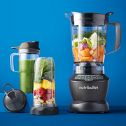 Nutribullet NBF500DG Combo Blender with 1.8L pitcher, 900ml and 700ml cups, and motor base in Dark Grey.