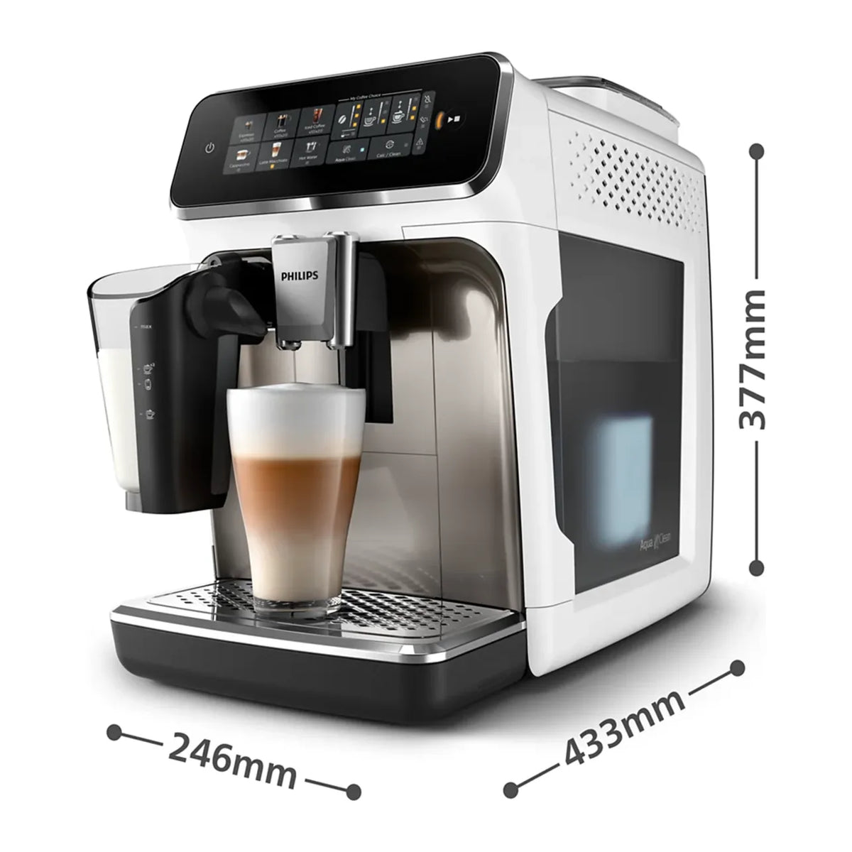 Philips Series 3300 EP3343/90 Espresso Machine in White, dimensions drawing