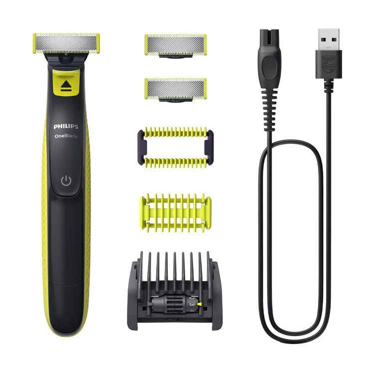 Philips OneBlade QP2724/20 Hybrid Trimmer and Shaver, with its combs, blade and cable