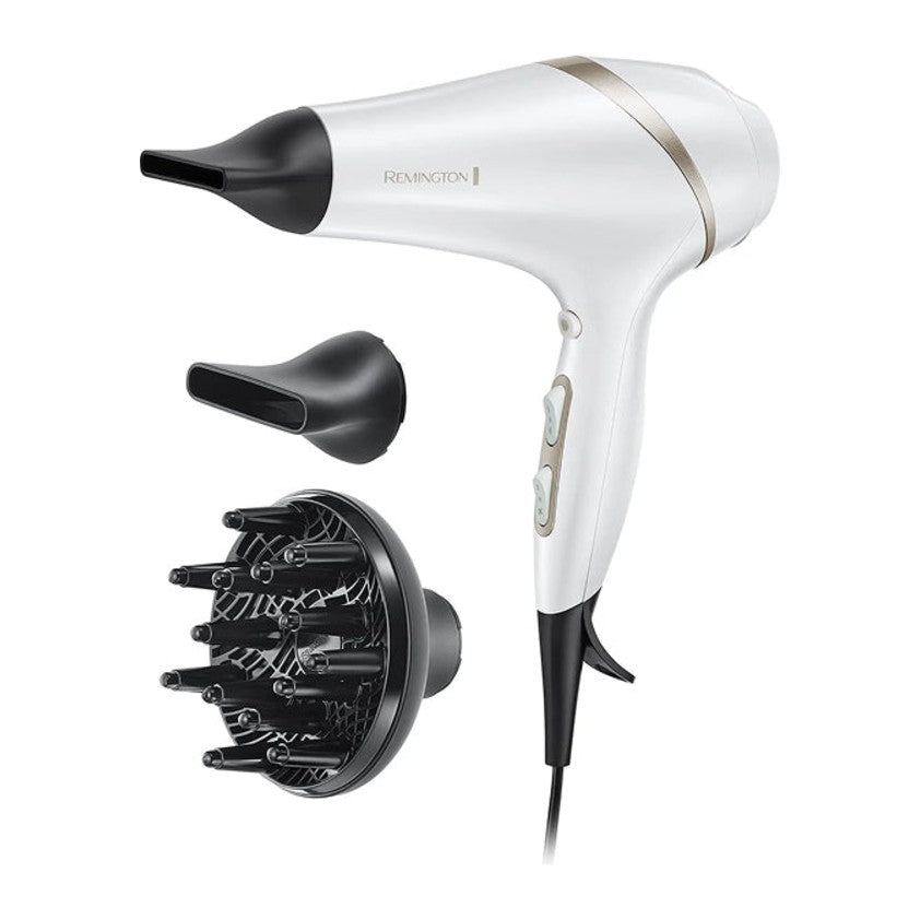 Remington Hydraluxe AC8901 Hair Dryer in White, with its diffuser and concentrator