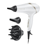 Remington Hydraluxe AC8901 Hair Dryer in White, with its diffuser and concentrator