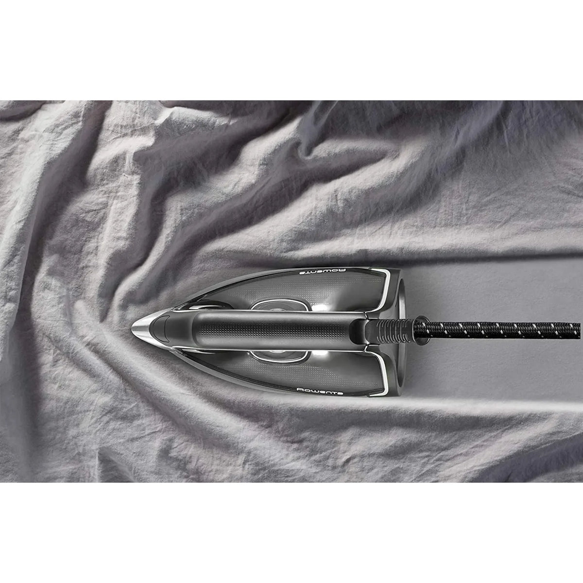Rowenta DG8622, iron seen from above resting on crumpled grey fabric