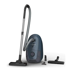 Rowenta RO3125 in Blue, with hose, tube, floor brush and small nozzles laid out
