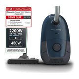 Rowenta RO3125 in Blue, front view with floor head and test award badges