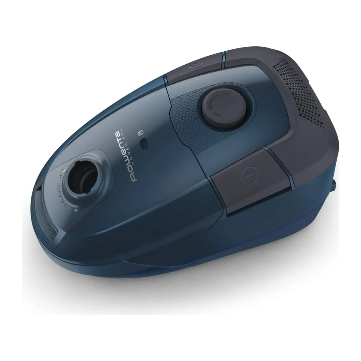 Rowenta RO3125 in Blue, three-quarter view from above showing the hose inlet and dial