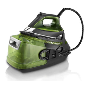 Rowenta DG9246, three-quarter view with clear water tank and cord storage