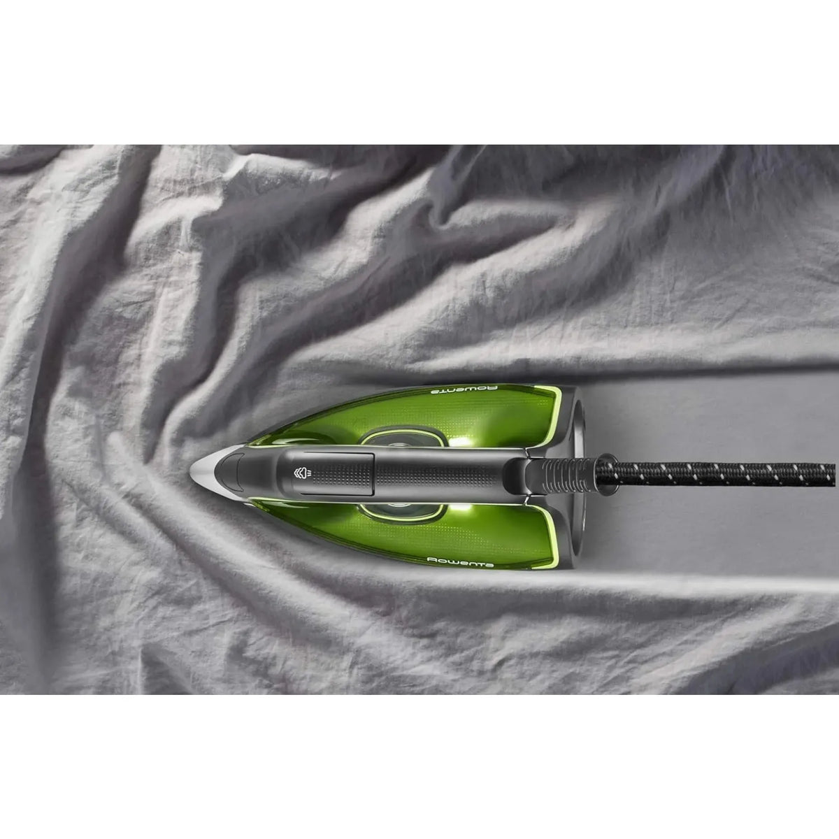 Rowenta DG9246, iron resting on creased grey fabric seen from above