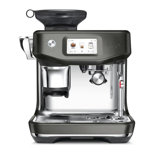 Sage Barista Touch Impress SES882BST4GUK1 Espresso Machine in 1049, front view with touchscreen and portafilter in place