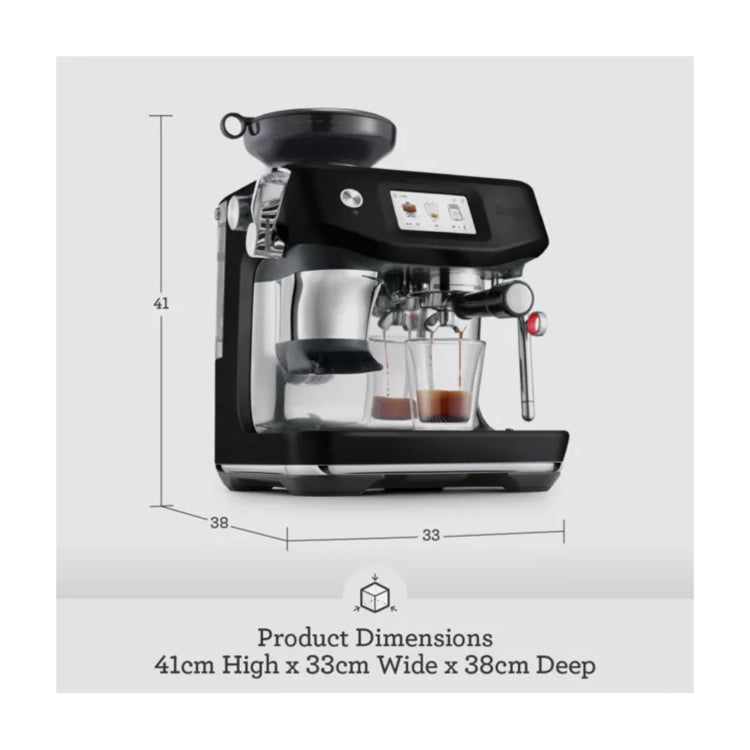 Sage Barista Touch Impress SES881BTR Espresso Machine in Black Truffle, dimensions drawing