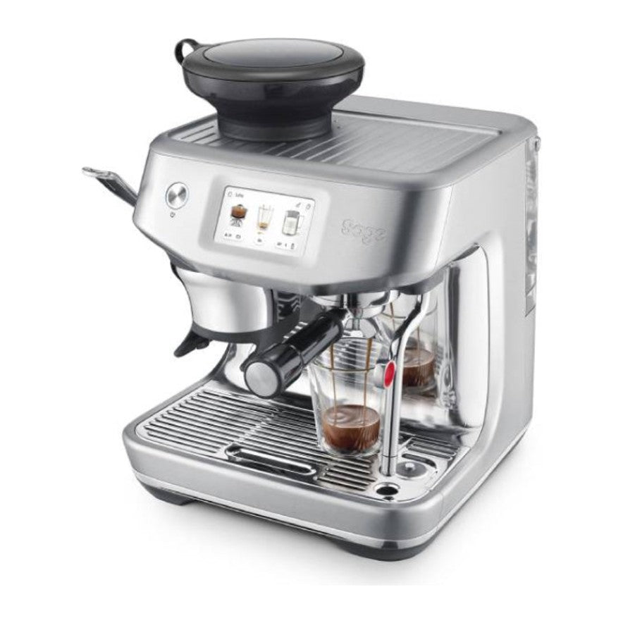 Sage Barista Touch Impress SES881BSS Espresso Machine in Brushed Stainless Steel, angled view