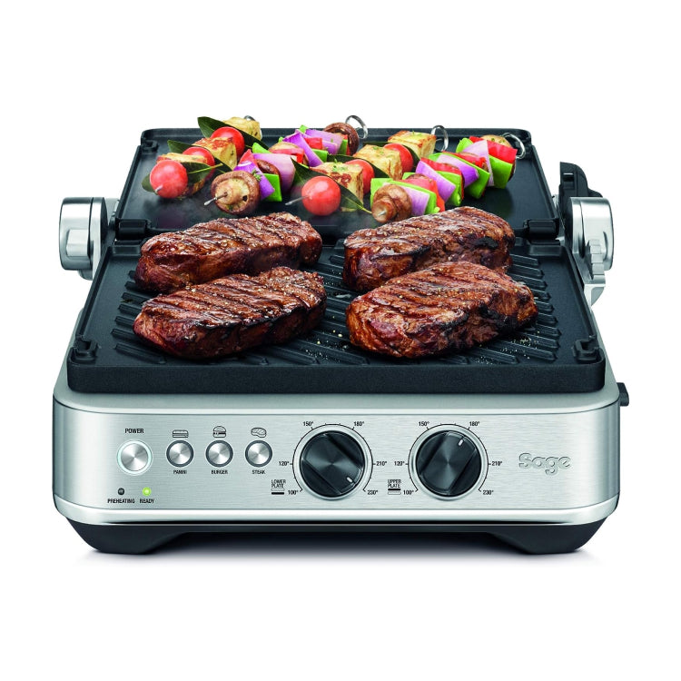 Sage the BBQ & Press BGR700 Contact Grill, opened flat with grilled food