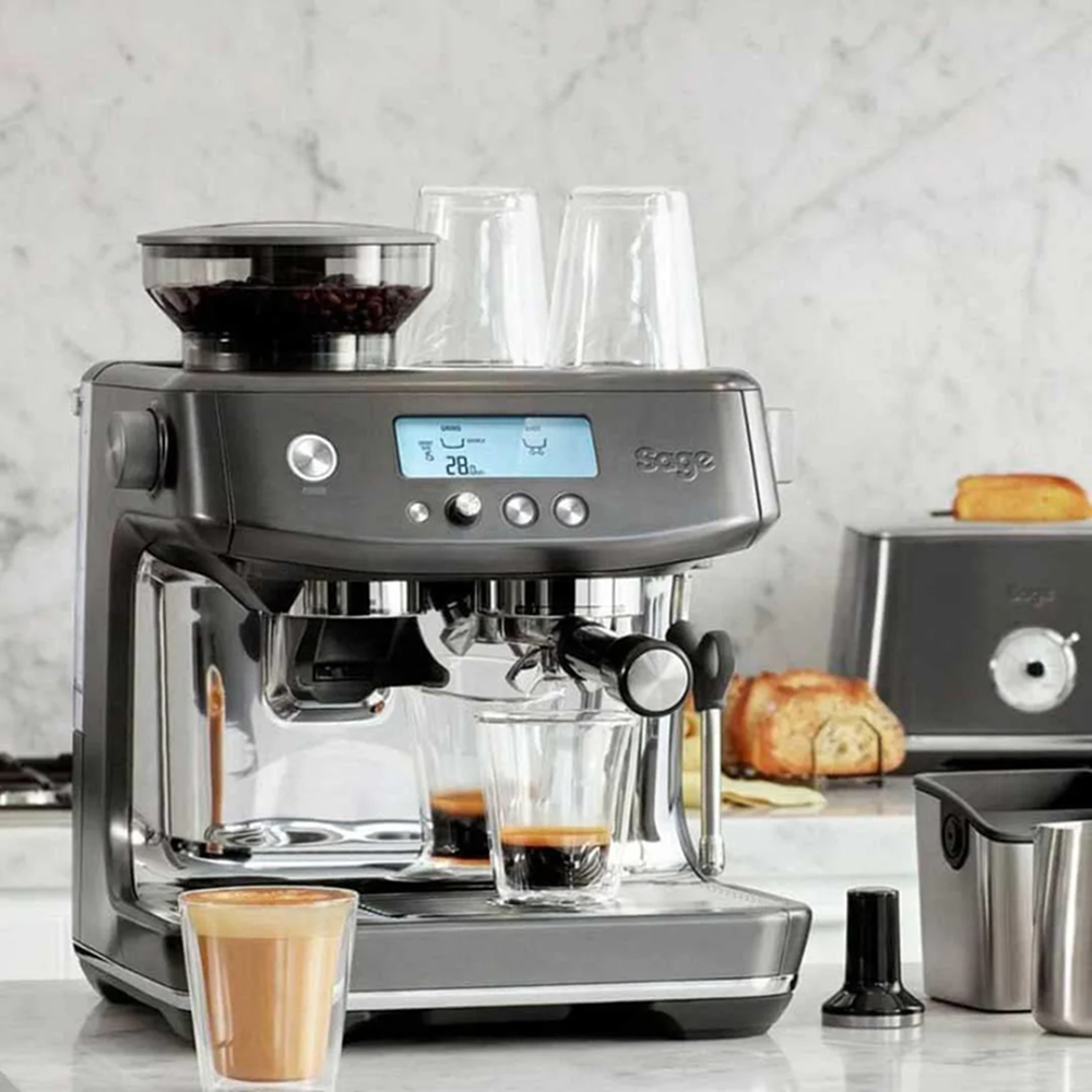 Sage Barista Pro SES878BST Espresso Machine in Black Truffle, with coffee cups