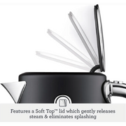 Sage The Soft Top Luxe Kettle in Black Truffle with a brushed stainless steel body and dual water windows.
