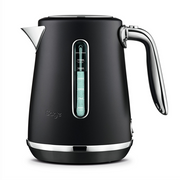 Sage The Soft Top Luxe Kettle in Black Truffle with a brushed stainless steel body and dual water windows.
