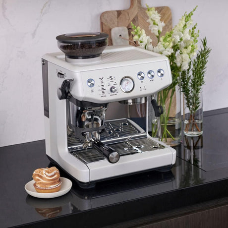 Sage Barista Express Impress SES876SST Espresso Machine in Sea Salt White, in a room setting