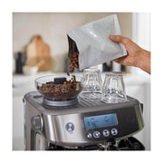 Sage the Barista Pro espresso machine in Brushed Stainless Steel with LCD screen and integrated bean hopper.