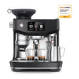 Sage Oracle Jet SES985BTR Espresso Machine in Black Truffle, front view with a coffee