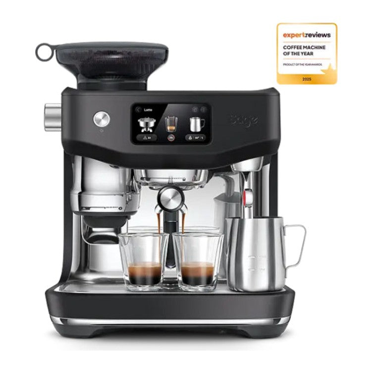Sage Oracle Jet SES985BTR Espresso Machine in Black Truffle, front view with a coffee