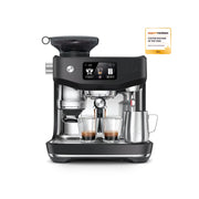 Sage The Oracle Jet automatic espresso machine in Black Truffle finish showing the touch screen and professional portafilter.