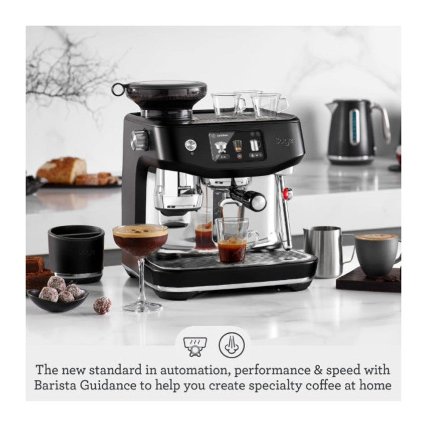 Sage Oracle Jet SES985BTR Espresso Machine in Black Truffle, with its features shown