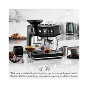 Sage The Oracle Jet automatic espresso machine in Black Truffle finish showing the touch screen and professional portafilter.