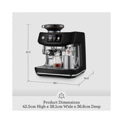 Sage The Oracle Jet automatic espresso machine in Black Truffle finish showing the touch screen and professional portafilter.