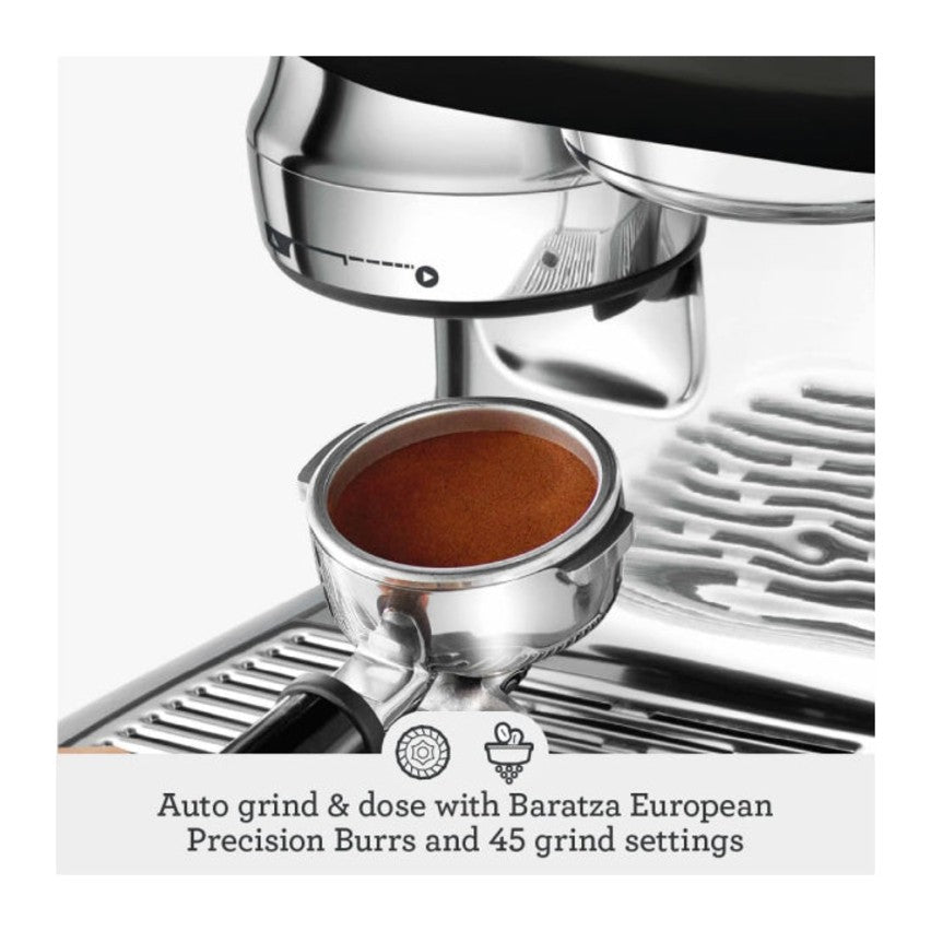 Sage Oracle Jet SES985BTR Espresso Machine in Black Truffle, close-up of the portafilter