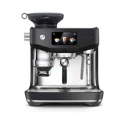 Sage The Oracle Jet automatic espresso machine in Black Truffle finish showing the touch screen and professional portafilter.