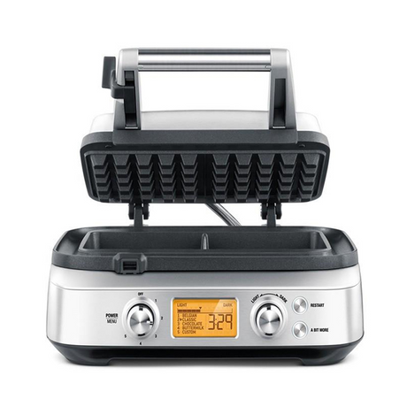 Sage Smart Waffle Pro BWM620 Waffle Maker in Brushed Stainless Steel, lid open, angled view