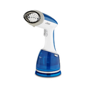 Ufesa GS1700 1700W handheld garment steamer in white and blue, featuring a stainless steel head and removable water tank.