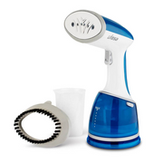 Ufesa GS1700 1700W handheld garment steamer in white and blue, featuring a stainless steel head and removable water tank.