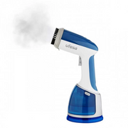Ufesa GS1700 1700W handheld garment steamer in white and blue, featuring a stainless steel head and removable water tank.