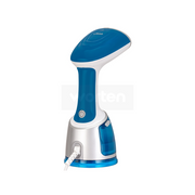 Ufesa GS1700 1700W handheld garment steamer in white and blue, featuring a stainless steel head and removable water tank.