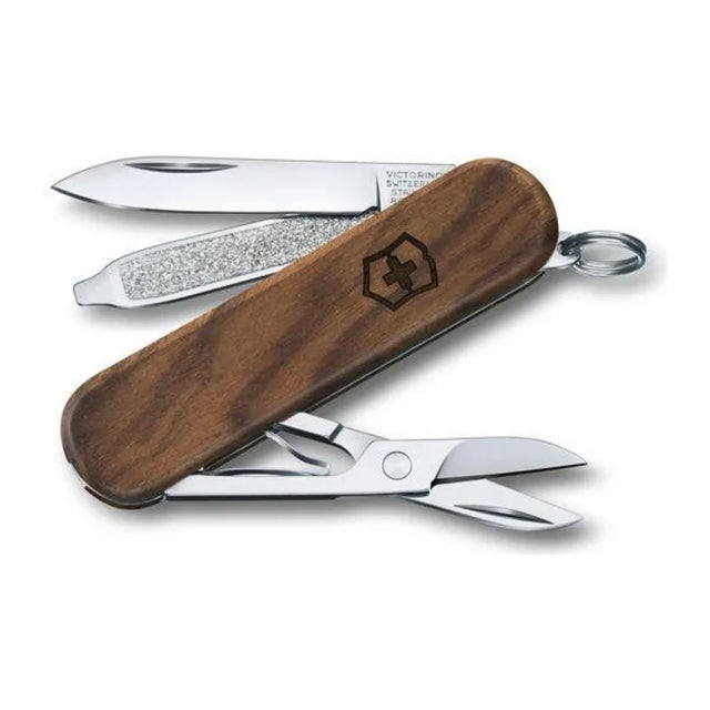 Victorinox Classic SD Wood 0.6221.63 Pocket Knife with walnut scales, blade, nail file and scissors opened, angled view