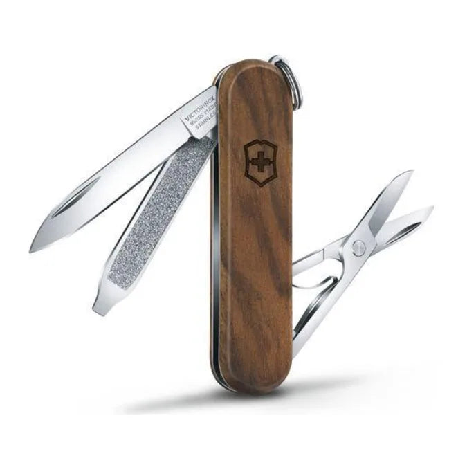 Victorinox Classic SD Wood 0.6221.63 Pocket Knife with walnut scales, blade, nail file and scissors opened, front view