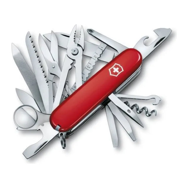 Victorinox Swiss Champ 1.6795 Pocket Knife in Red, all tools opened out, front angle