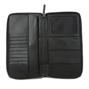 Victorinox Altius 3.0 Cortina travel organizer in black Napa leather with zip-around closure and interior passport pockets.