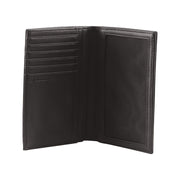 Victorinox Grenoble vertical bi-fold wallet in black Napa leather showing high-capacity card slots and bill divider.
