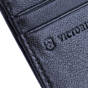 Victorinox Grenoble vertical bi-fold wallet in black Napa leather showing high-capacity card slots and bill divider.